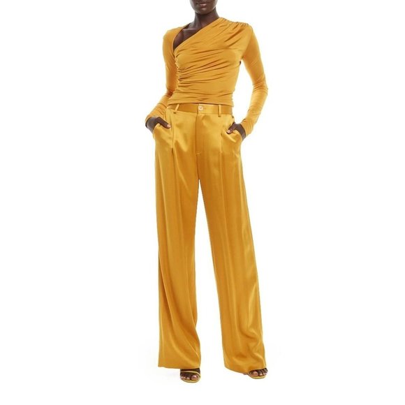 LAPOINTE Satin Pleated Pants in Yellow 2 Womens Wide Leg Trousers - Picture 12 of 15
